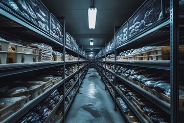 Obraz premium Delve into the cold ambiance of a tuna freezing room, capturing the process of preserving seafood at optimal temperatures. 