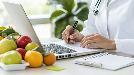 A nutritionist types on a laptop, with a colorful arrangement of fresh fruits and vegetables nearby, emphasizing healthy lifestyles in a modern workspace