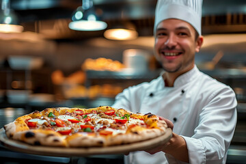 Professional chefs serve pizza freshly baked from the oven