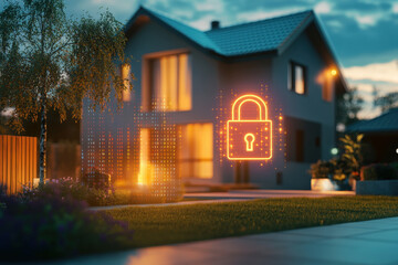 Modern smart home at night is being protected by a security system with a digital padlock icon