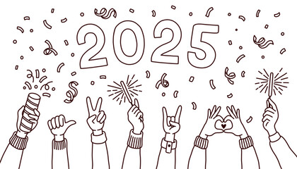 Doodle style 2025 New Year and Christmas Banner with hands. Happy new Year Merry Christmas Hand Drawn Doodle Elements
