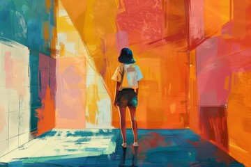 Obraz premium The girl is standing in the room, view from behind