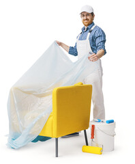 Professional painter covering furniture with a dust sheet © StockPhotoPro
