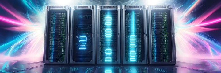 Futuristic background image of rack server with blinking lights in supercomputer, abstract data center, server, internet, speed. Futuristic HUD tunnel. copy space