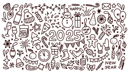Happy New year 2025 doodle elements, Set New year party elements doodle in black isolated on white background.