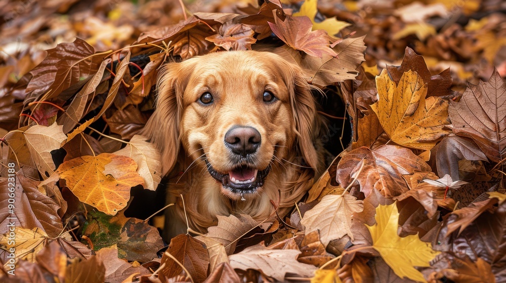 Poster dog in autumn leaves