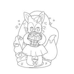 Childrens drawings coloring page. A fox character with oversized ears and a joyful expression stands in a vibrant garden