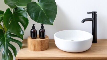 A stylish bathroom vanity featuring a sleek black faucet, white bowl sink, and decorative plants adds a touch of elegance to the modern decor