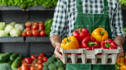 A farmer holds a crate of fresh, colorful peppers, showcasing organic produce in a vibrant market setting.