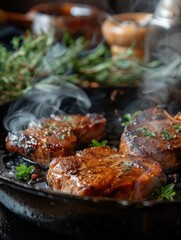 Cooking steak in a hot skillet, smoke rising