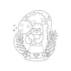 Childrens drawings coloring page. Cute Cartoon Hedgehog Holding Giant Mushroom Surrounded by Forest Elements. 