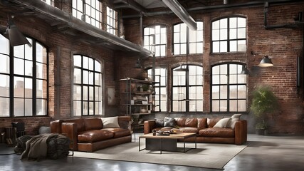 Modern industrial interior design : Visualize a spacious loft-style living room with exposed brick walls and large, factory-style windows
