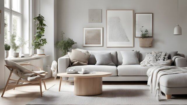 Scandinavian interior design : envision a cozy living room with white walls and light wooden floors