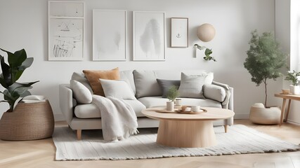 Fototapeta premium Scandinavian interior design : Visualize a cozy living room with a focus on minimalism and natural materials