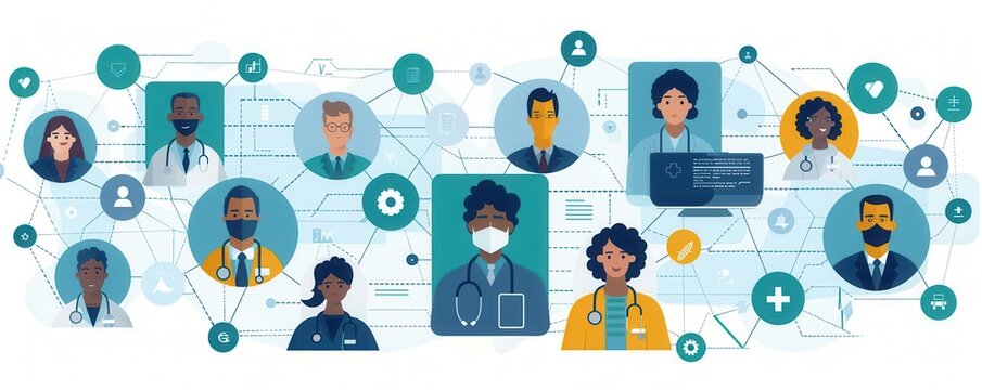 Diverse healthcare professionals connected digitally, showcasing modern medicine and telehealth solutions for patient care.