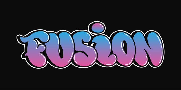 Fusion - single word, letters graffiti style. Vector hand drawn logo. Funny cool trippy word Fusion, fashion, graffiti style print t-shirt, poster concept