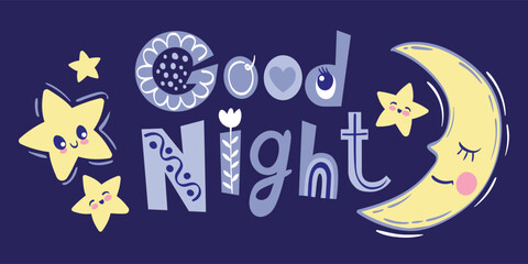 Half-moon slipping among stars and short phrase good night. Vector hand drawn illustration on blue background