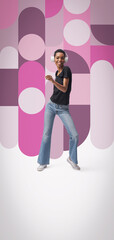 Happy woman dancing and retro geometric background