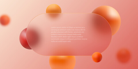Website landing page template or banner design in glass morphism style. Frosted glass partition with colorful spheres.