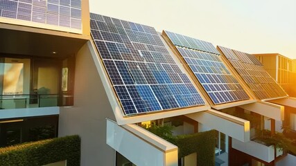 A contemporary building features solar panels reflecting sunlight during dawn, showcasing sustainable energy solutions in urban architecture.