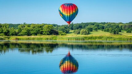 Fototapeta premium Hot Air Balloon Hovering Over a Calm Lake with Green Landscape and Reflection. Concept of Adventure, Tranquility, Nature, Outdoor Activity