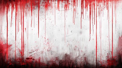 An abstract art piece featuring red paint drips on a white and gray background, creating a dramatic and intense atmosphere.