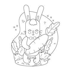 Childrens drawings coloring page. Cute Bunny Character Holding a Large Carrot Surrounded by Vegetables.