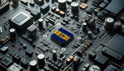 Fototapeta premium A high-tech circuit board showcasing a microchip with the Barbados flag, emphasizing Barbados role in pioneering advanced electronics and microtechnology innovations