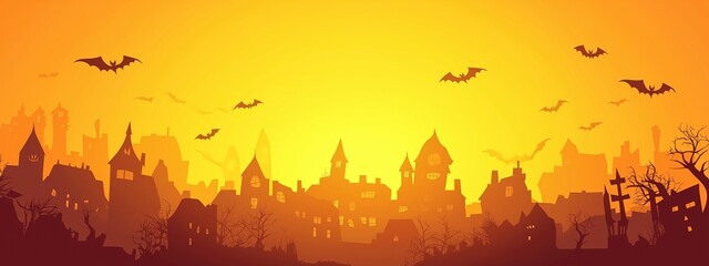 illustration of a Halloween-themed cityscape silhouetted against an orange sky.