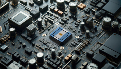 Fototapeta premium A high-tech circuit board showcasing a microchip with the Argentina flag, emphasizing Argentina role in pioneering advanced electronics and microtechnology innovations