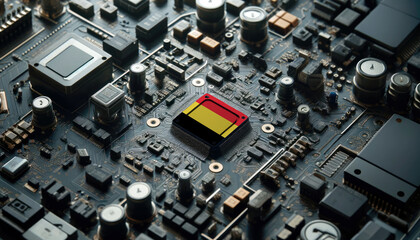 A high-tech circuit board showcasing a microchip with the Belgium flag, emphasizing Belgium role in pioneering advanced electronics and microtechnology innovations