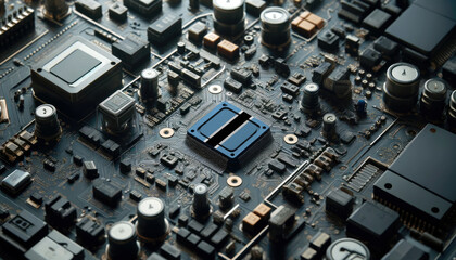 A high-tech circuit board showcasing a microchip with the Botswana flag, emphasizing Botswana role in pioneering advanced electronics and microtechnology innovations