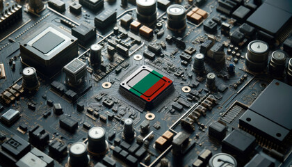 A high-tech circuit board showcasing a microchip with the Bulgaria flag, emphasizing Bulgaria role in pioneering advanced electronics and microtechnology innovations