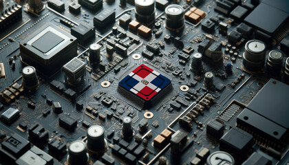 A high-tech circuit board showcasing a microchip with the Dominican Republic flag, emphasizing Dominican Republic role in pioneering advanced electronics and microtechnology innovations