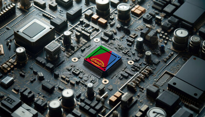 Fototapeta premium A high-tech circuit board showcasing a microchip with the Eritrea flag, emphasizing Eritrea role in pioneering advanced electronics and microtechnology innovations