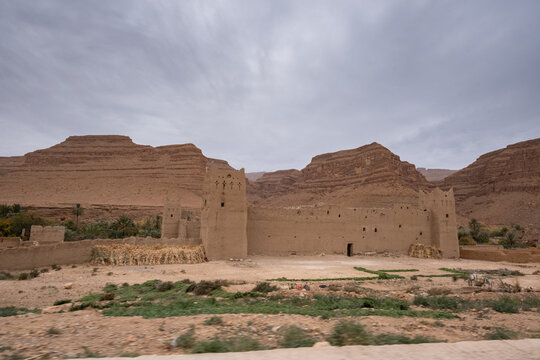 Ancient Kasbah of Ifri located in Morocco, in the valley of the Ziz River in the middle of the Middle Atlas mountain range in North Africa. Construction made with adobe that blends in with the terrain