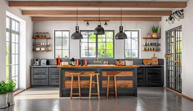 Stylish home kitchen interior with bar island and window view.