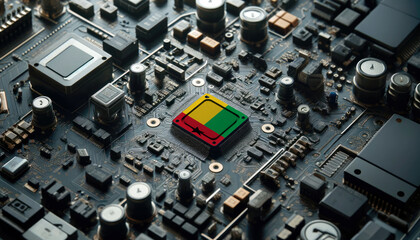 A high-tech circuit board showcasing a microchip with the Guinea-Bissau flag, emphasizing Guinea-Bissau role in pioneering advanced electronics and microtechnology innovations