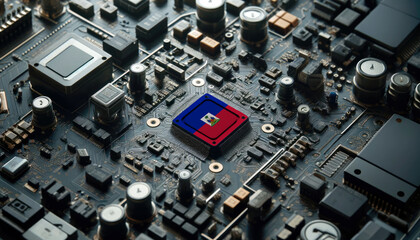 Fototapeta premium A high-tech circuit board showcasing a microchip with the Haiti flag, emphasizing Haiti role in pioneering advanced electronics and microtechnology innovations