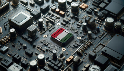 A high-tech circuit board showcasing a microchip with the Hungary flag, emphasizing Hungary role in pioneering advanced electronics and microtechnology innovations