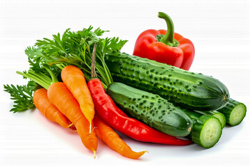Vegetables, orange sweet bell pepper, green zucchini, and red chili peppers on white background