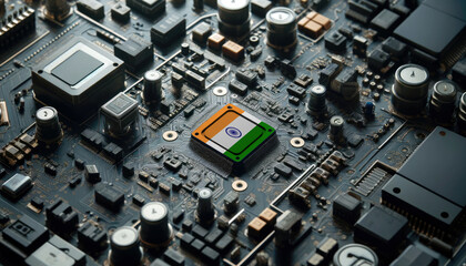 Fototapeta premium A high-tech circuit board showcasing a microchip with the India flag, emphasizing India role in pioneering advanced electronics and microtechnology innovations