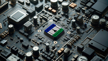 A high-tech circuit board showcasing a microchip with the Lesotho flag, emphasizing Lesotho role in pioneering advanced electronics and microtechnology innovations
