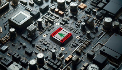 Fototapeta premium A high-tech circuit board showcasing a microchip with the Lebanon flag, emphasizing Lebanon role in pioneering advanced electronics and microtechnology innovations
