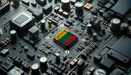 Fototapeta premium A high-tech circuit board showcasing a microchip with the Lithuania flag, emphasizing Lithuania role in pioneering advanced electronics and microtechnology innovations