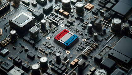 A high-tech circuit board showcasing a microchip with the Luxembourg flag, emphasizing Luxembourg role in pioneering advanced electronics and microtechnology innovations