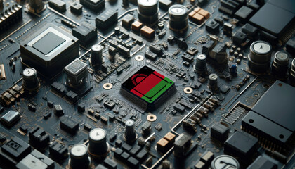A high-tech circuit board showcasing a microchip with the Malawi flag, emphasizing Malawi role in pioneering advanced electronics and microtechnology innovations