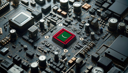 A high-tech circuit board showcasing a microchip with the Maldive flag, emphasizing Maldive role in pioneering advanced electronics and microtechnology innovations