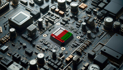 A high-tech circuit board showcasing a microchip with the Oman flag, emphasizing Oman role in pioneering advanced electronics and microtechnology innovations
