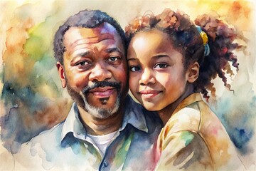 Obraz premium Vibrant watercolor portrait of abstract African American father and daughter embracing, warm colors, subtle textures, and soft brushstrokes evoke love and unity, copy space.